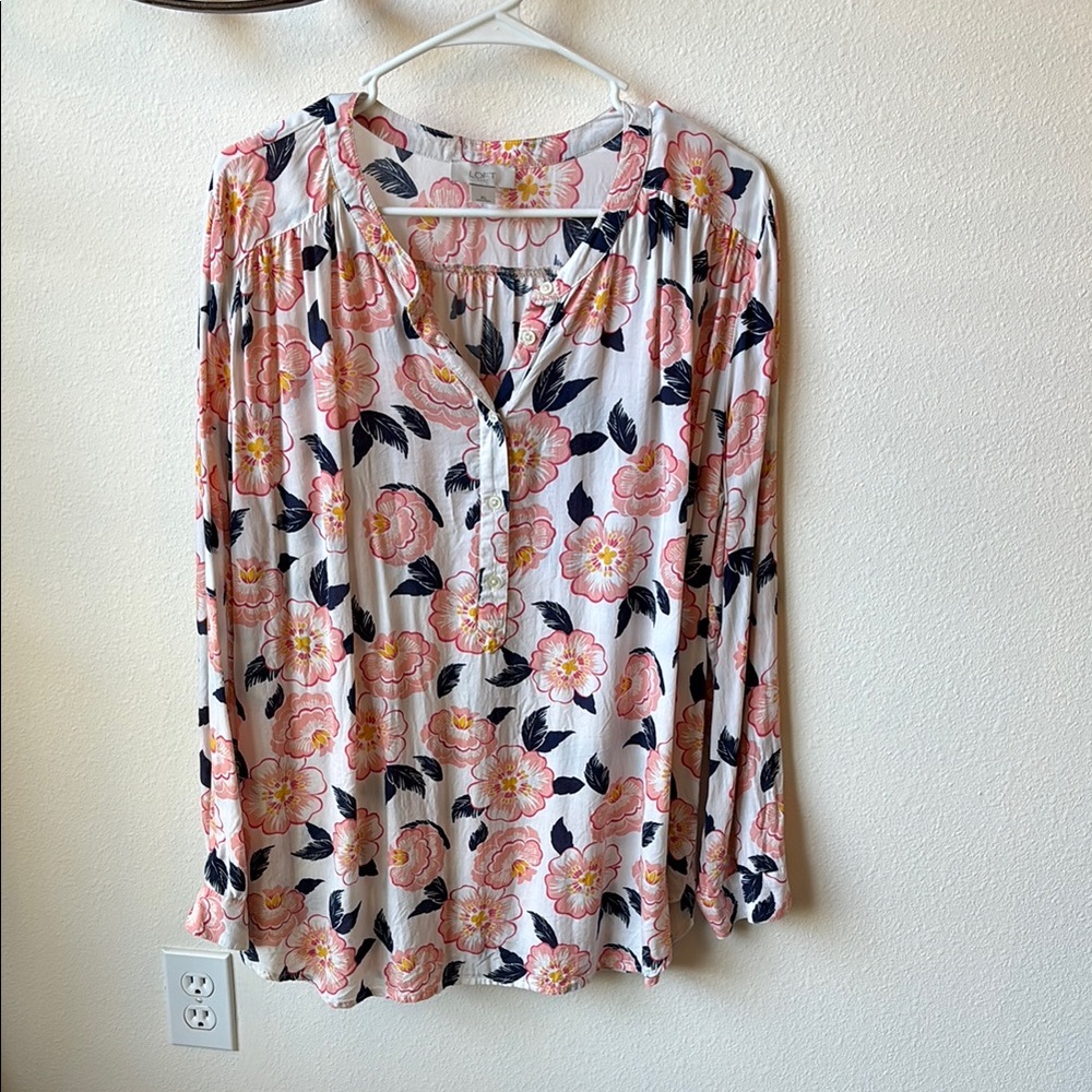LOFT Pink and White Relaxed Buttoned Blouse